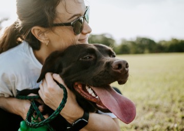Smiling woman in sunglasses hugging a happy chocolate Labrador dog outdoors in a grassy park, with the dog's tongue out and leash in hand.
